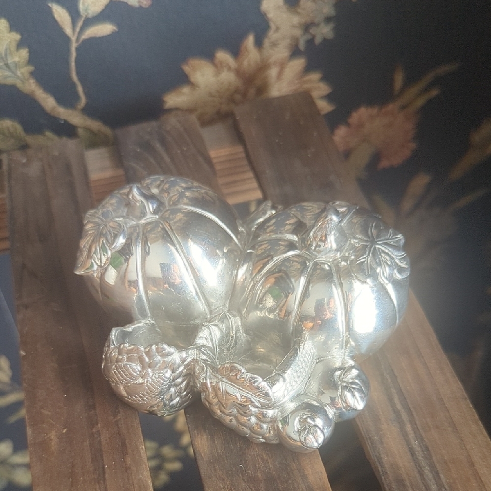 Vintage Contemporary Polished Pewter Sculpture of Pumpkins Candle Stick Holder